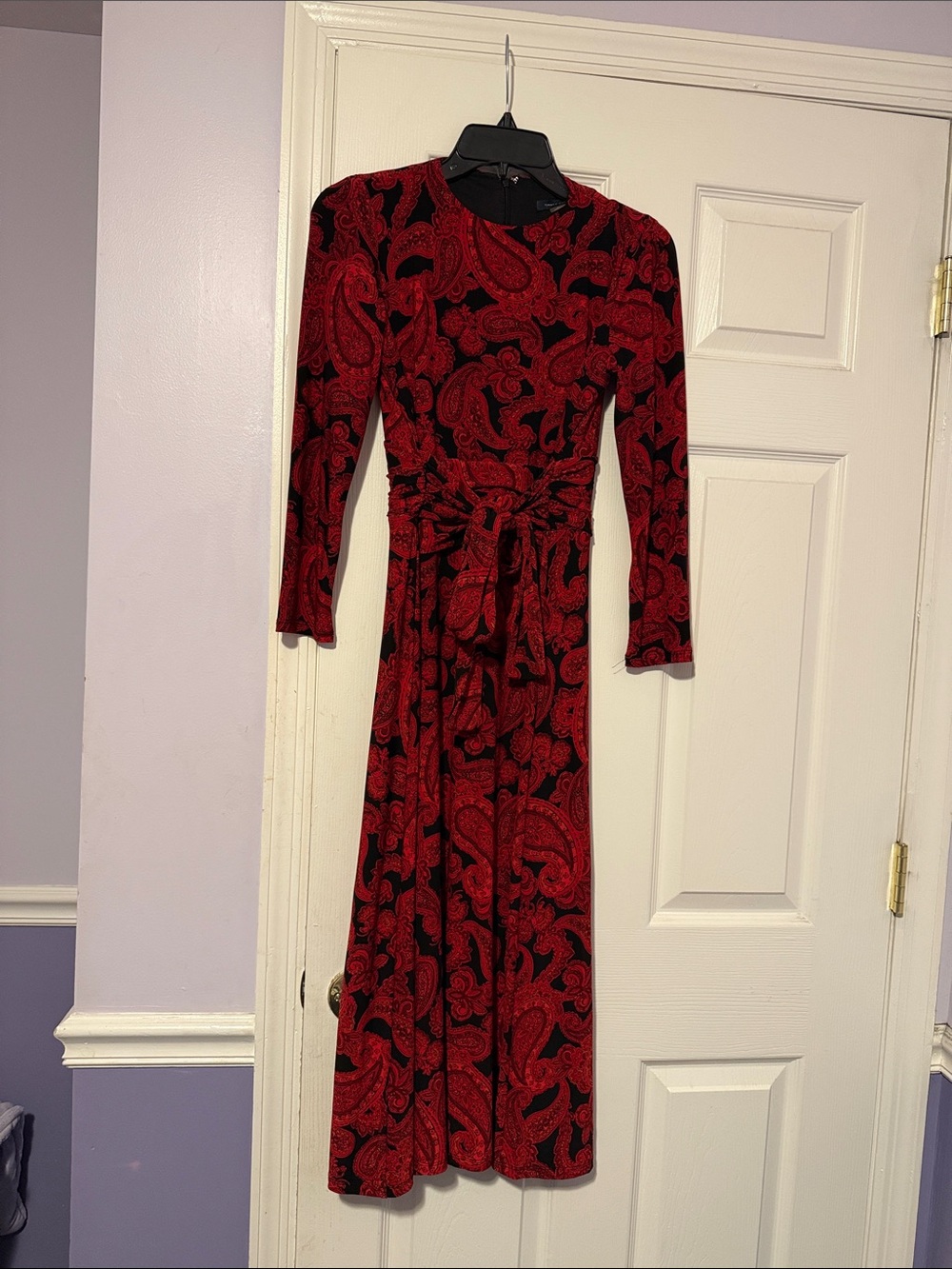 Red Paisley Long Sleeve Tie-Waist Dress